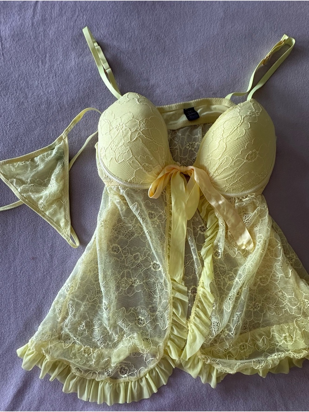 La Senza Yellow Lace Babydoll Chemise with Ribbon Tie Y2K Ethereal Fairycore - Picture 5 of 9